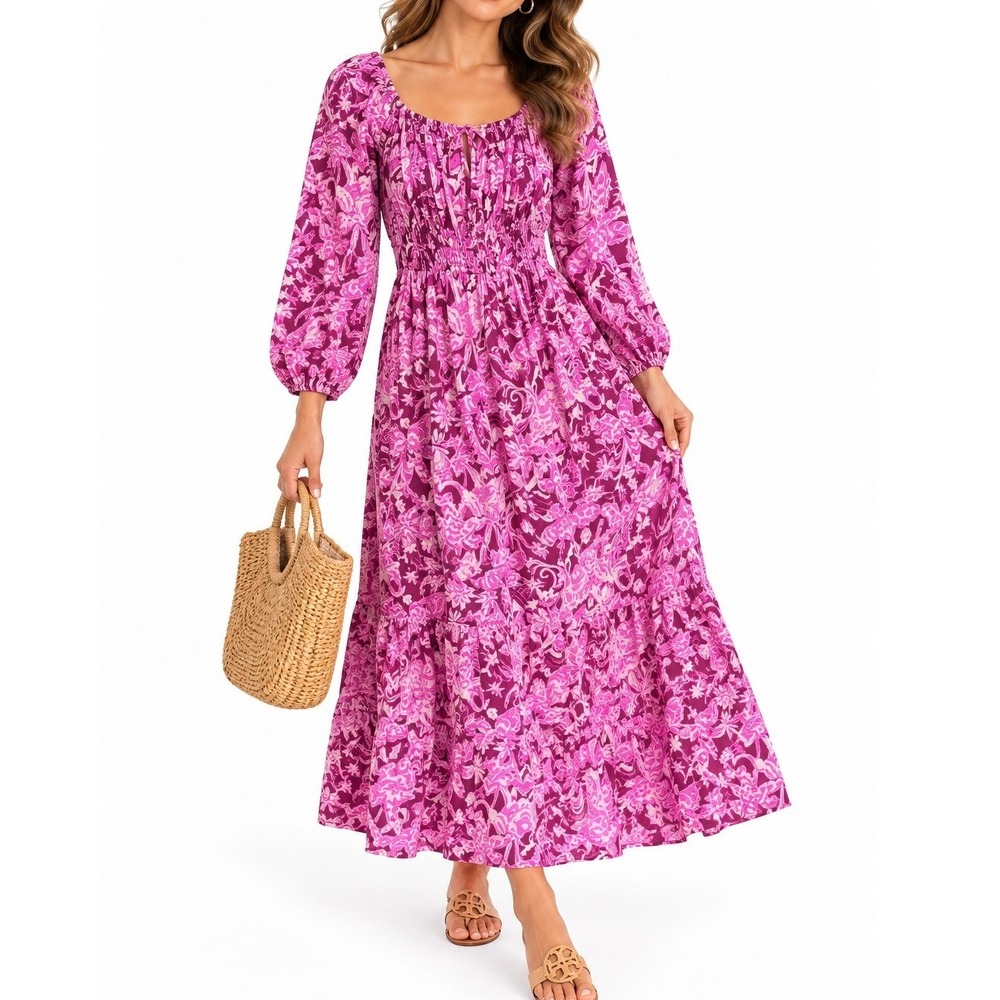 Lilly Pulitzer Pink Purple Floral Paisley Smocked Maxi Dress XXS Long Sleeve